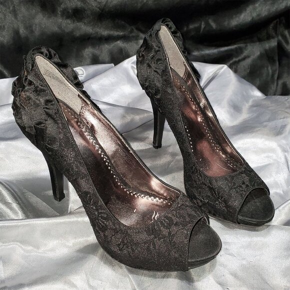 RAMPAGE black satin lace open toe heels GRACELAND - Picture 2 of 5